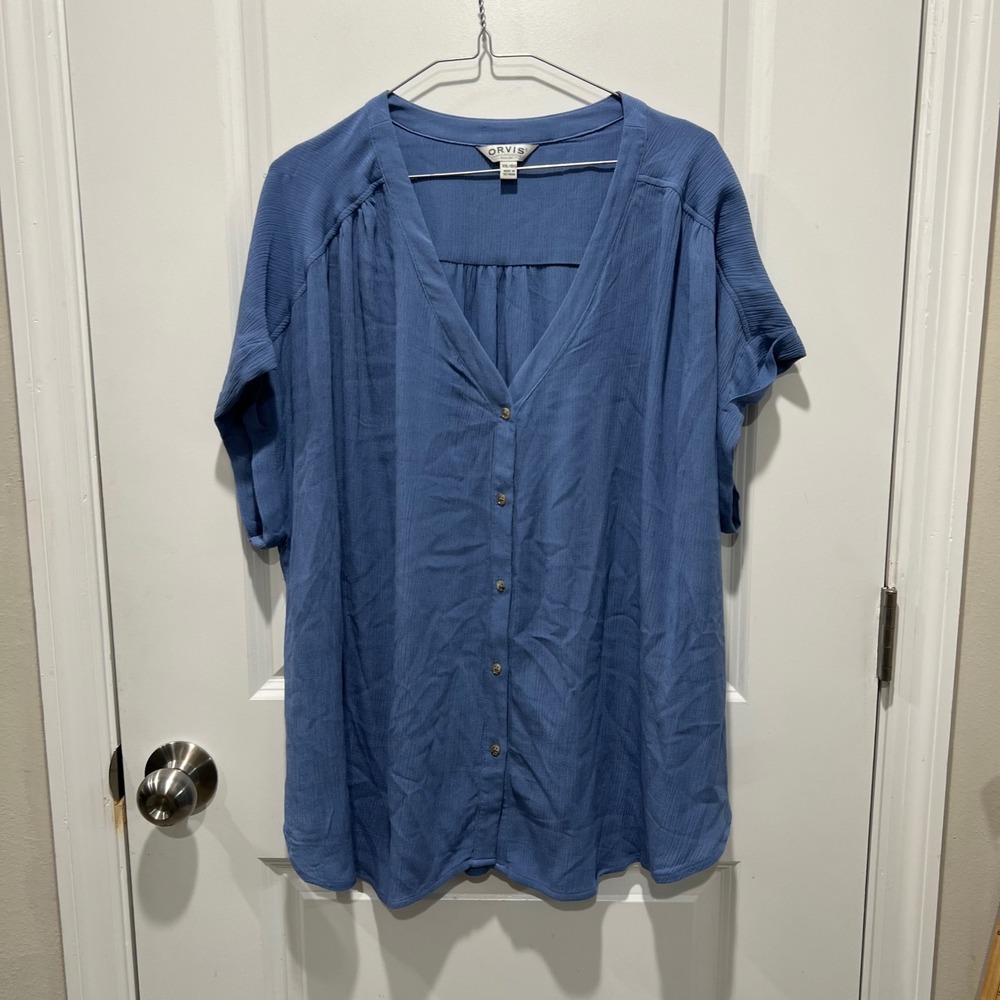 Orvis Women Button Front Short Sleeve Textured Rayon V-Neck Top Blue XXL